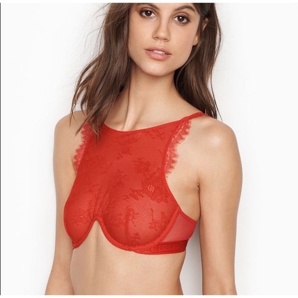 32C•Victoria’s Secret Red lace crochet High Neck Halter Bra - Picture 1 of 8